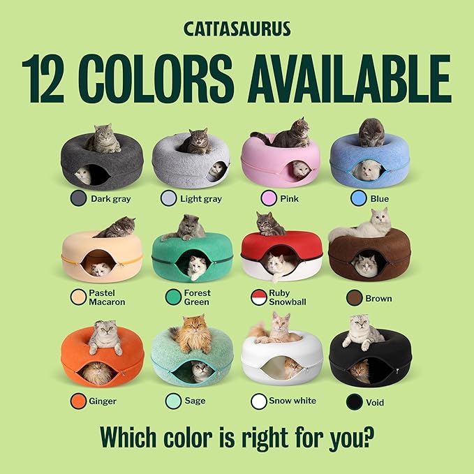 Cattasaurus Peekaboo Cat Cave Donut for Multiple & Large Cats up to 30-45 lbs, 3-in-1 Self Warming Cat Bed, Tunnel & Scratcher for Indoor Cats, Washable & Detachable Dog Bed (Ruby Snowball, Large)