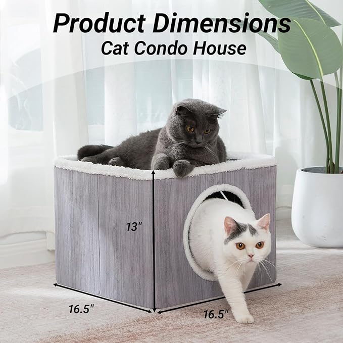 Cat Condo House with Reversible Cushions and Fluffy Ball Hanging, Foldable Cube, Large Cave Bed for Indoor Cats Kittens, Grey Wood Grain Pattern