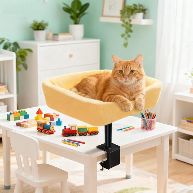 Cat Desk Bed, Sturdy Cats Bed for Desk with Washable Cover, Dual-Sided Breathable Summer & Winter, Comfortable Soft Pet Nest Bed with Reinforced Steel Frame, Easy Assembly for Home Office/Study Room