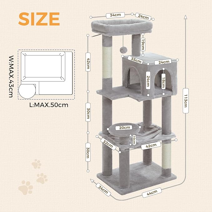 MUTTROS Cat Tree for Indoor Cats, 44.5" Multi-Level Cat Tower with Large Metal Frame Hammock, Cat Condo with 2 Scratching Posts and Top Perch for Small to Medium Cats, Grey