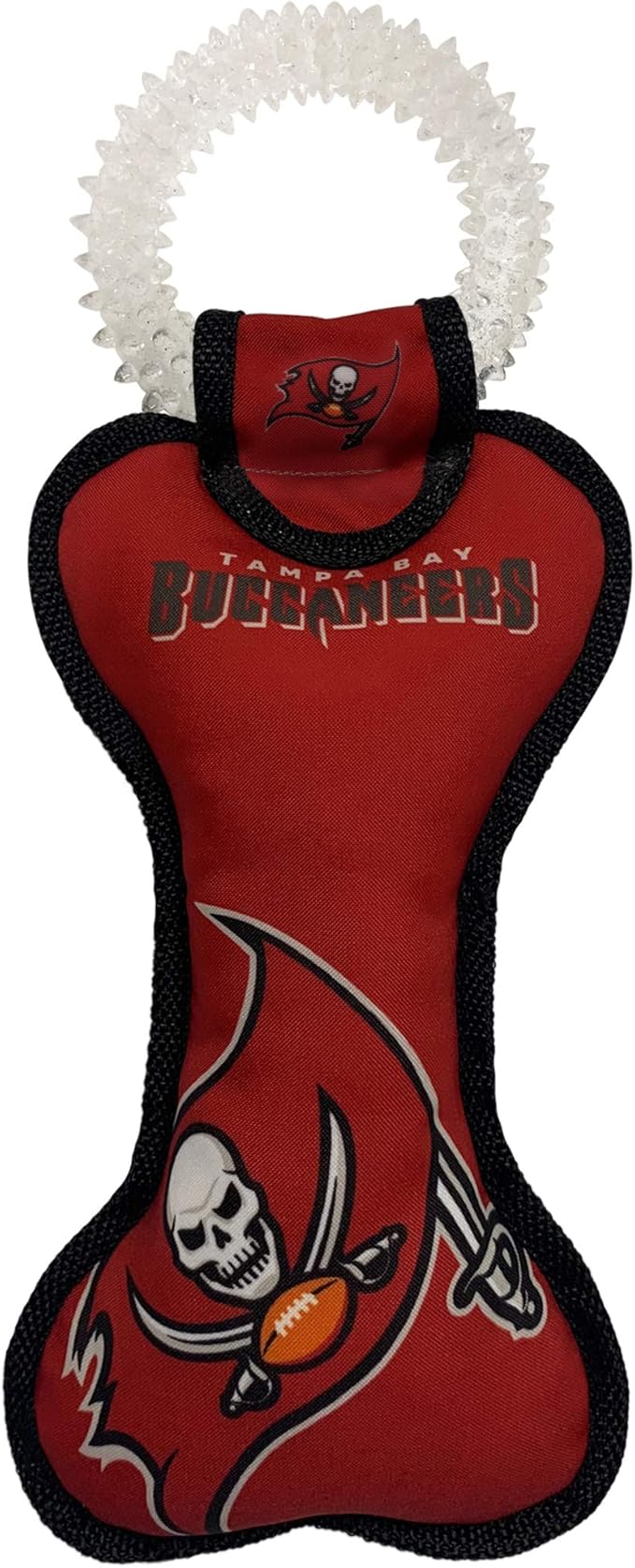 Pets First NFL Tampa Bay Buccaneers Football Dental Tough Dog TUG Bone Toy with Built-in Squeaker Attached to a Safe Rubber Teething Toothbrush PET Toy, Team Color, 14 x 5 (TBB-3310)