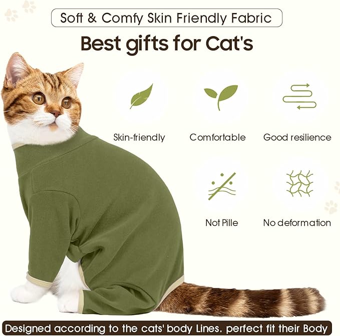 DENTRUN Cat Clothes for Hair Control with Hair Sticky Fabric - Soft Recovery Suit & Breathable Lint-Resistant Cat Sweater for Cats Only, Kitten Onesie Pajamas, L, Army Green