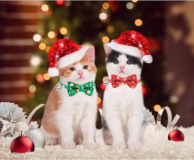 Malier 2 Pack Christmas Cat Collars Breakaway with Bow Tie and Bell, Classic Buffalo Plaid Kitten Collar with Cat Bow Tie Cat Collar for Cats Kitty Kitten Cat Stocking (Christmas)