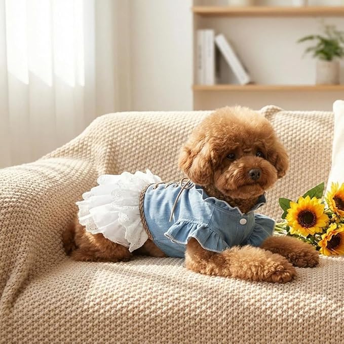 Dog Denim Dress for Small Dogs and Cats, Flared Sleeves Retro Cake Skirt Puppy Clothes, Elegant Pet Apparel for Daily Wear, Parties, Photo Shoots (Blue-Denim, Small)