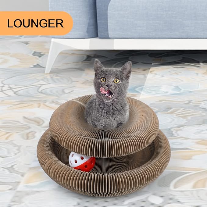 FluffyDream Magic Organ Cat Scratching Board, Interactive Scratch Pad with a Ball, Cat Scratcher for Grinding Claw, Recyclable and Durable, Furniture Protector, Retractable, Brown, Reversible