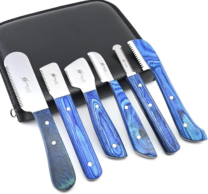 Dog Grooming Stripping Knife Set β 6-Piece Stainless Steel Hand Stripping Tools with Wooden Handles β Coarse, Medium, Fine & Extra-Fine Knives for Dogs, Cats & Wire-Coated Pets (Blue)