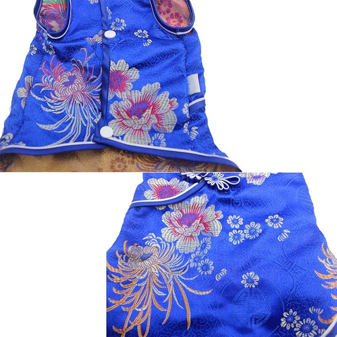 SEIS Pet Costume Tang Suit Dog Cheongsam Satin Clothes Chinese Style Clothing for Dogs Pet Skirt Puppy Cats Dress Dog Vest Tshirt (Blue, S)