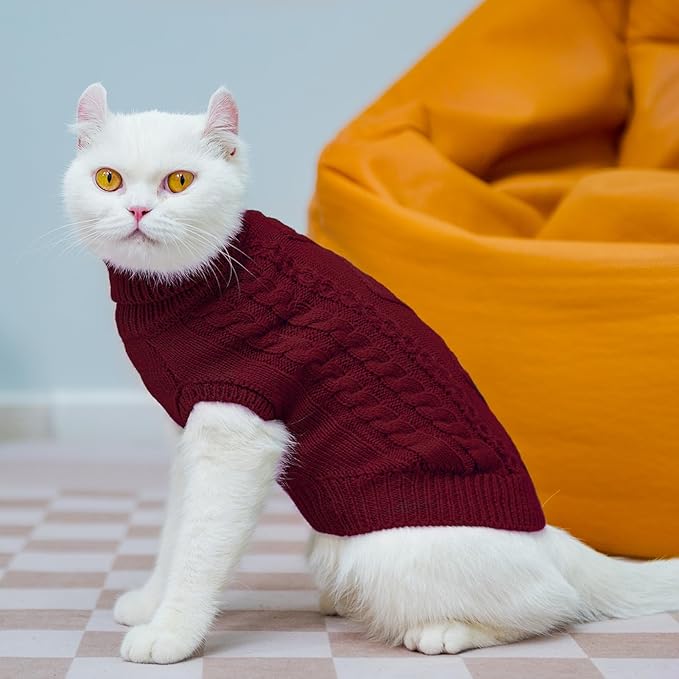 PUPTECK Winter Cat Sweater Coat - Soft Warm Cold Weather Clothes Knitwear for Kittens & Small Dogs Indoor Outdoor Wearing, Knitted Classic for Doggies Kitties Girls Boys, Red, L