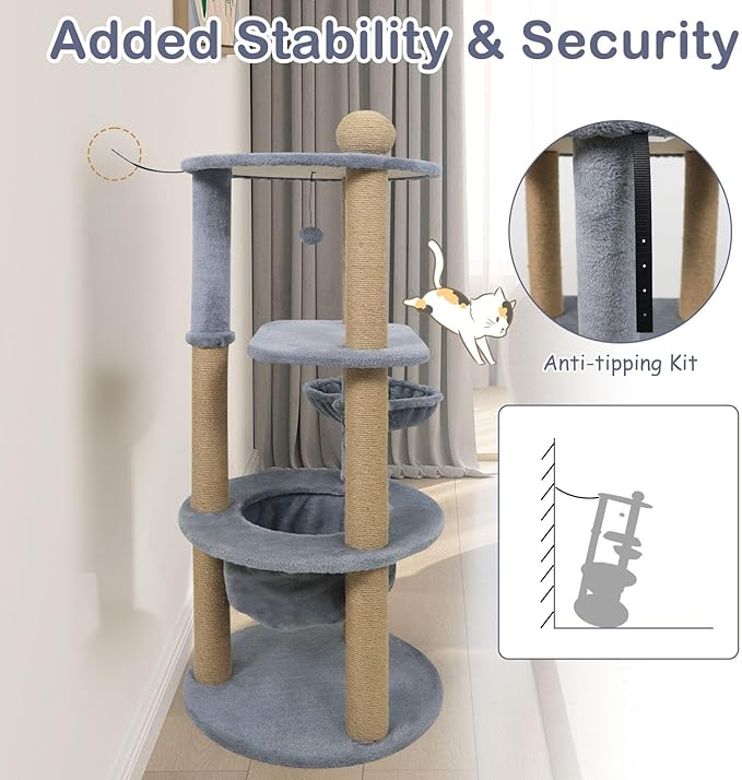 Tangkula Cat Tree for Indoor Cats, 47 Inch Multi-Level Cat Tower with Scratching Posts, Hammock, Basket Bed, Scratcher Ball, Top Perch, Dangling Toy, Cat Climbing Furniture Activity Center (Gray)