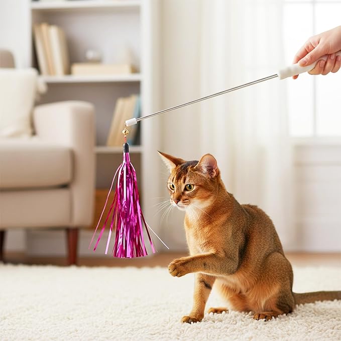 8 Pcs Cat Wand Toy Replacement with Bell Metallic Foil Tassel, 9 Inches Interactive Wand Toys for Indoor Cats for Most Cats Chase Exercise with Kitten (Multi Colored)