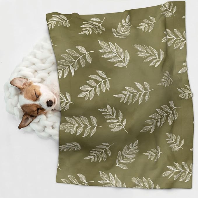 Cat Dog Blanket Cream Leaf Outlines On Olive Green Ultra Soft Warming Mat for Indoor Pet Beds Furniture 27.6 X 19.7inch