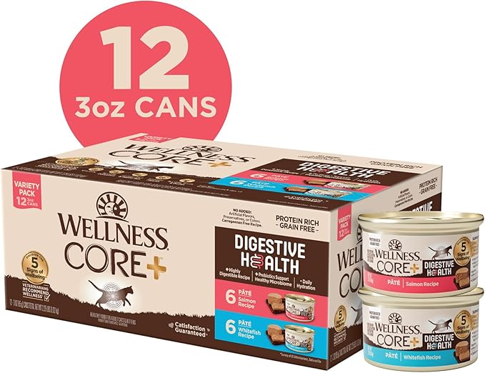 Wellness CORE+ Digestive Health Pate Variety Pack Adult Canned Wet Cat Food, Natural, Protein Rich, Grain Free, Salmon and Whitefish Recipes, 3 oz, Pack of 12 Cans