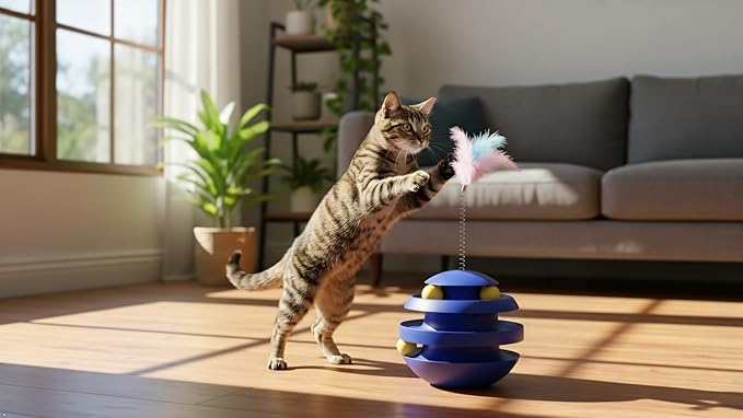 Interactive Cat Toy, Automatic Spinning Cat Toy for Indoor Cats, Engaging Kitten Toy with Feather for Exercise & Mental Stimulation, 3-Layer Cat Ball Track Durable Safe Toy to Reduce Boredom(Blue)