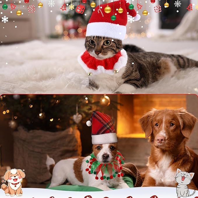 16 Pcs Cat Christmas Costume Suit Santa Hats and Tutu Collar Xmas Cat Outfit Green Shiny Hat Christmas Cat Collar with Bell Hat Kitten Outfit Clothing for Puppy Cat Pets Gift