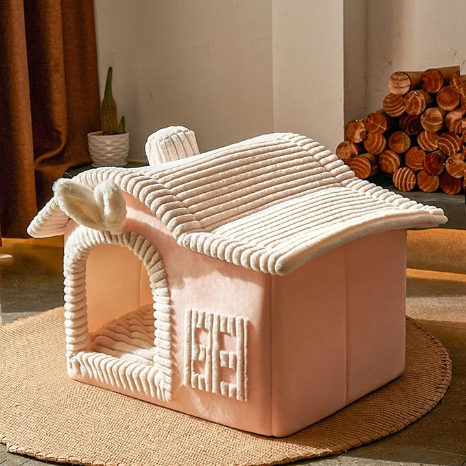 Jiupety Rabbit Cat House for Indoor Cats, Cute Covered Cat Bed with Spacious Interior, Pet Cave Bed Up to 3-15 Lbs Kitten, Pink