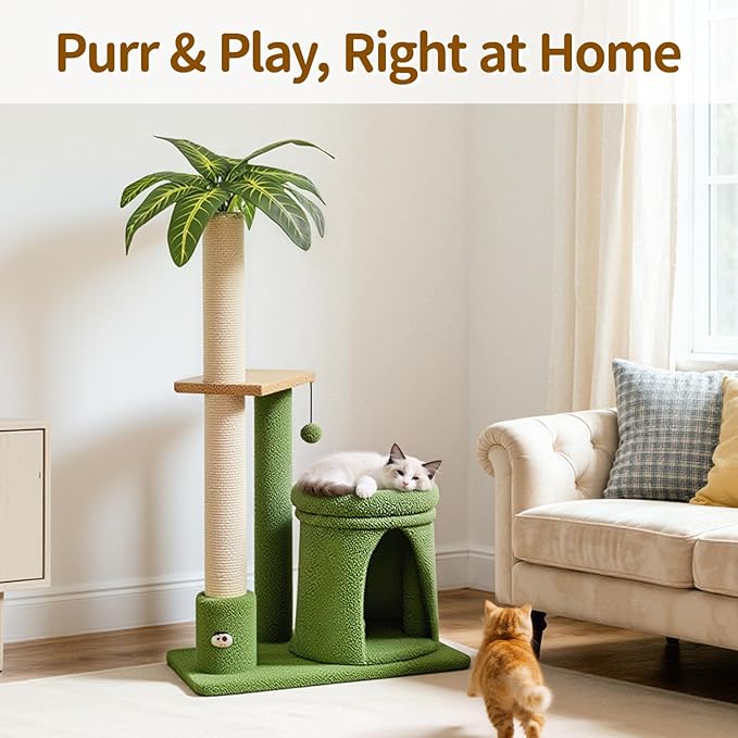 Cat Tree Tower Scratch Post Stand for Indoor, 41" Compact Palm Tree Kitten House Condo with Cozy Bed for Small Cats, Space Saving Design, Supports Climber Scratching Playing and Rest