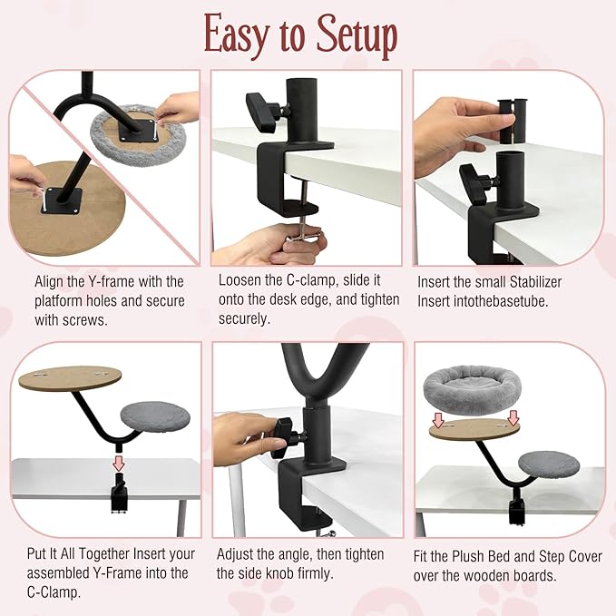 Cat Desk Bed, Desk Cat Bed Attachment for Indoor Cats, 360° Swivel Clamp-on Cats Perch with 40lbs Support, Sturdy Plush Resting Spot for Home Office,Gray