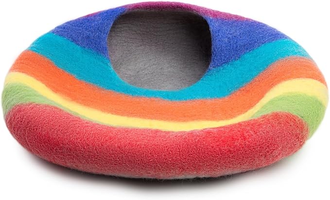 Woolygon Premium Felt Cat Cave Bed β Wool Kitty Beds Handcrafted Kitten Caves Bed for Indoor Cats - Made from Merino Wool, Foldable Cat Hideaway Covered Cat House Pod (Rainbow Twist)