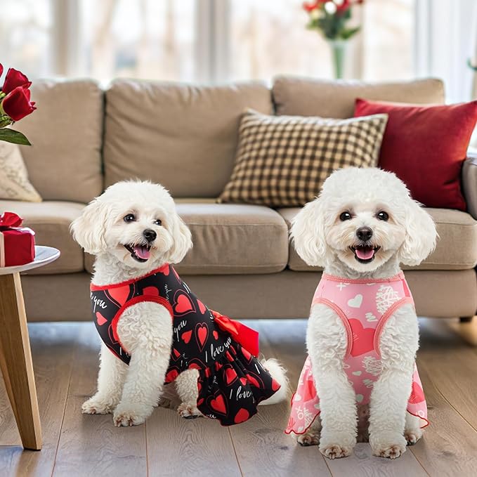 2-Pack Valentine's Day Dog Cat Dress Love Heart Dog Dresses Puppy Valentines Day Skirt Dog Pet Valentines Day Costume Outfit Apparel Clothes for Small Medium Dogs Cats S