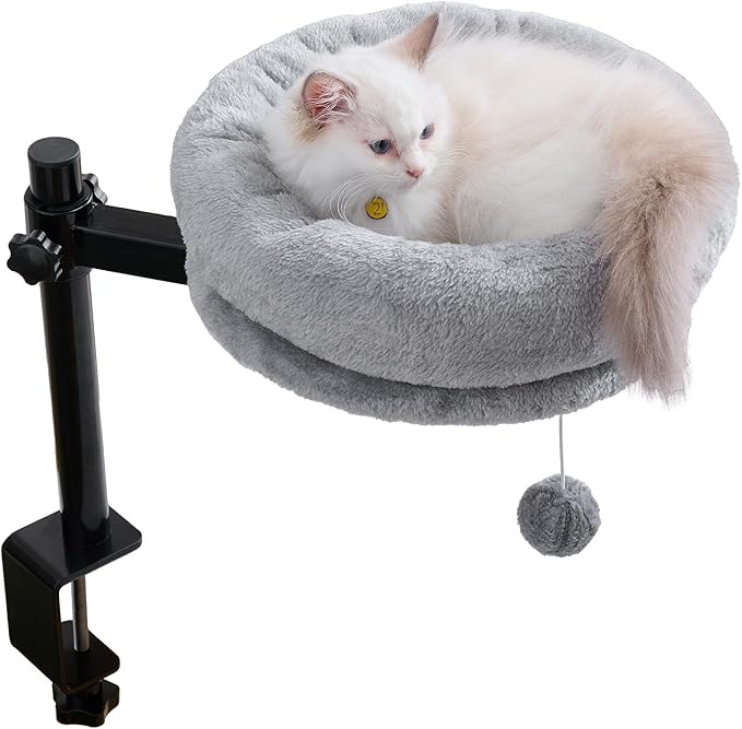 BYBYME Cat Desk Bed for Indoor Cats, Kitty Bed for Worktable Supports 44 lbs, 360° Rotation & Adjustable, Soft Cat Nest Desktop with Hanging Ball for Office Desks Home Tables, 12" in Diameter(Gray)