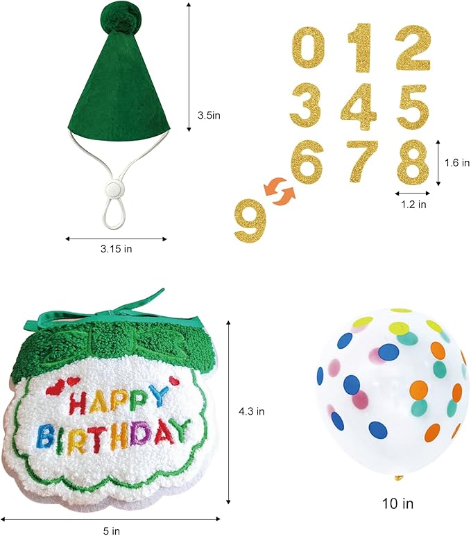 Reusable Cat Birthday Decorations Set - Adjustable Cat Birthday Hat & Bandana with Age Numbers | Kitty Celebration Kit for Memorable Milestones(Green)