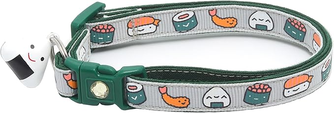 Sushi Cat Collar with Onigiri Bell | Adjustable Large Size or Kitten Collar | Safety Breakaway Collarr (Large(10lbs & Up), Silver)