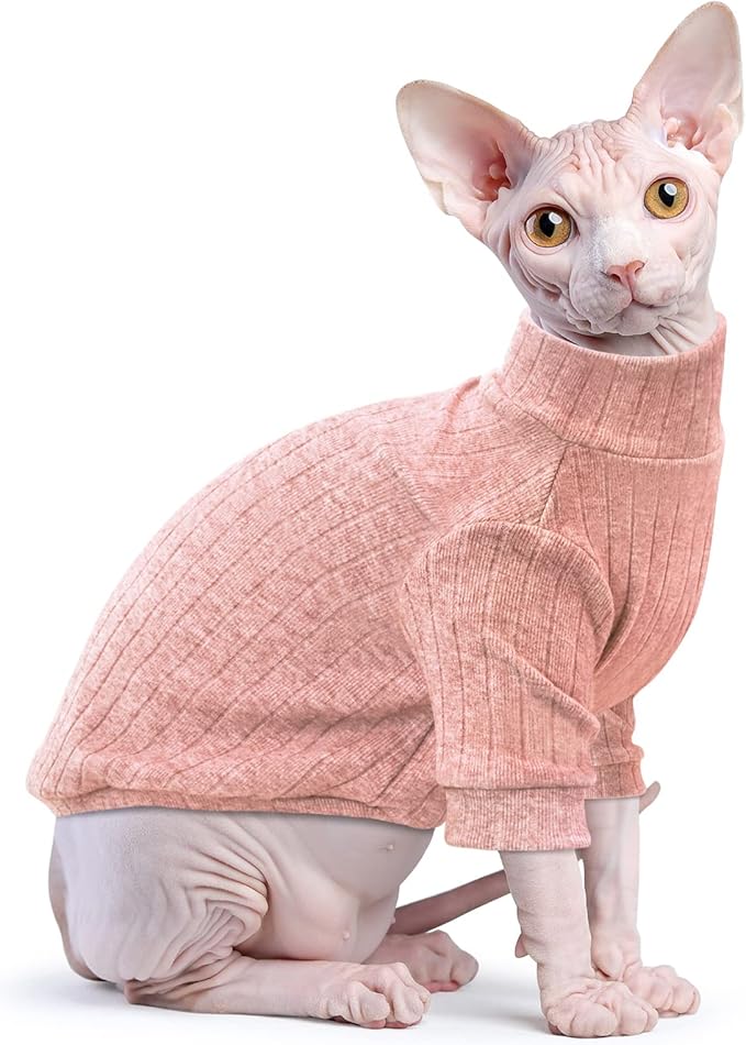 Idepet Sphynx Hairless Cats Sweater Shirt Kitten Soft Puppy Clothes Pullover Cute Cat Pajamas Jumpsuit Cotton Apparel Pet Winter Turtleneck for Cats and Teacup Chihuahua Small Dogs(Pink,M)