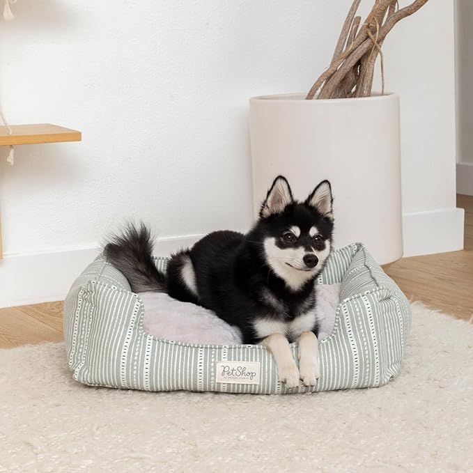 Fringe Studio Block Stripe Dusty SAGE 24" W x 21" D x 7" H Small Rectangular Cuddler Pet Bed W/Reversible Cushion, 100% Cotton Canvas Exterior, Machine Washable, PetShop Collection (755SM001)