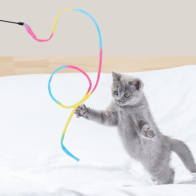 Molain Cat Wand Rainbow Toy, 3pcs Rainbow Ribbon Cat Wand for Kittens Training Rainbow Ribbon Cat Interactive Catcher Wand Stick Toy for Kitten Cat Indoor Exerciser Playing(30cm)