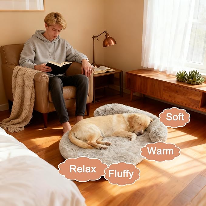 Orthopedic Dog Bed with Egg-Crate Base, Calming Dog Beds Fluffy Plush Faux Fur with Raised Edges, Spine Friendly Pet Sleeping Mat for Medium Large Dogs, Machine Washable (Oval, Beige 40"x30")