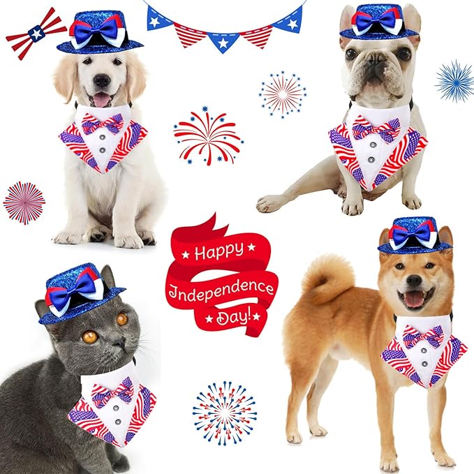 Dog Independence Day Costume 2Pcs Tux Bandana Shiny Pet Top Hat American Flag Dog Tuxedo Triangle Bibs 4th July Scarf Patriotic Holidays Outfit Dog Collar with Bow tie for Small Medium Large (Large)