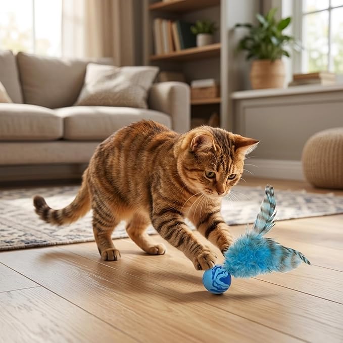 7Pcs Bouncy Balls for Cats, Cat Tools with Feathers, Feather Tool for Indoor Cats and Multi-Cat Households(Random Color)