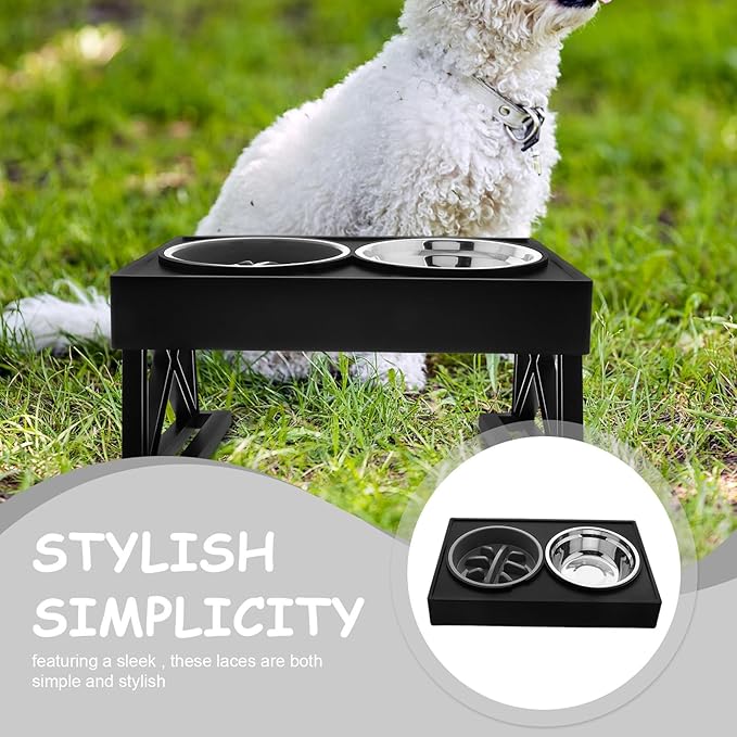Beaupretty Elevated Double Pet Bowl Set Stainless Steel Slow Feeder with Adjustable Stand for Cats and Small Dogs Feeding and Watering Supplies