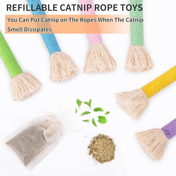 Retro Shaw Cat Toys Chew Ropes with Catnip, 6 Pack, Safe Teeth Cleaning Kitten Toys for Indoor Cats Kitty, Cat Nip Kicker Interactive Pet Toys 6.1 Inches