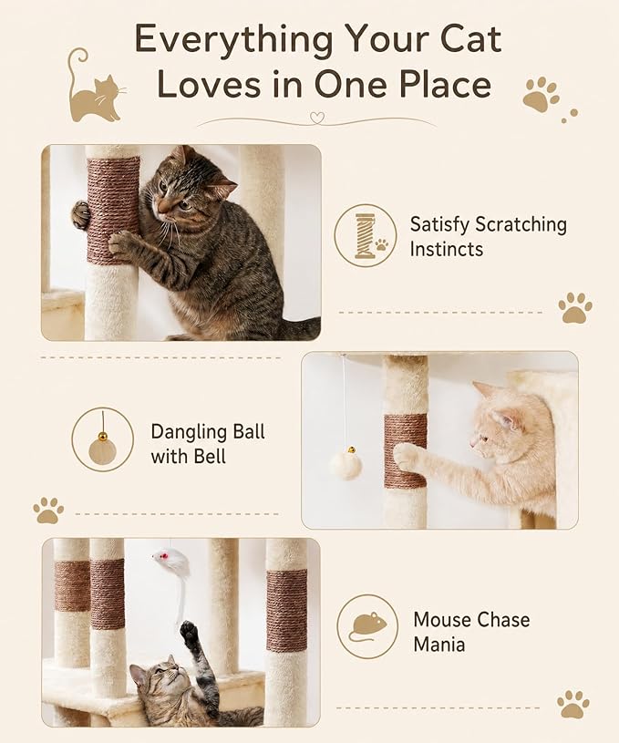 Heavy Duty Cat Tree for Indoor Cat, 71 Inch Large Cat Tower with Scratching Post and Top Perch, Hammock, Big Cat Condo for Adult Cats Kittens, PMT03BW, Beige