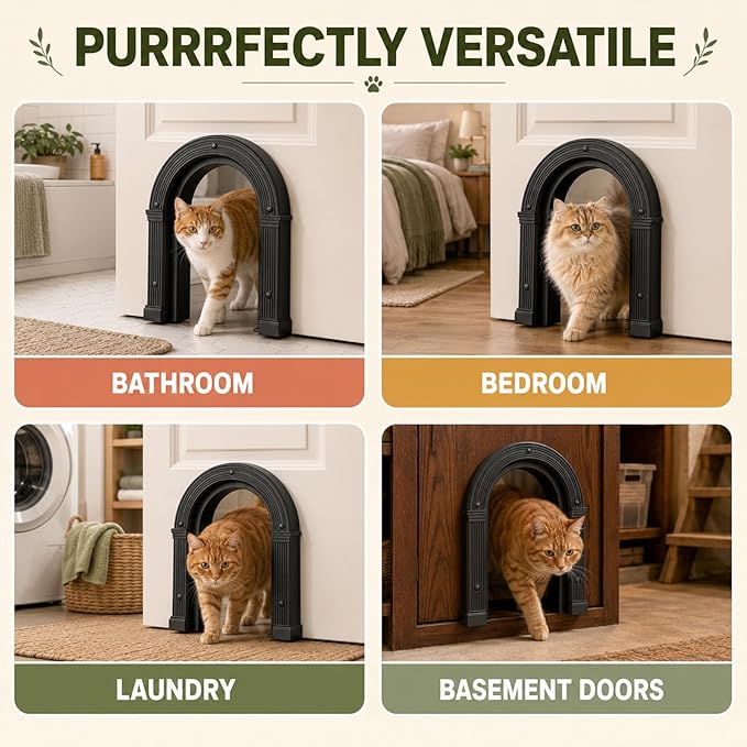 Cat Door for Interior Doors Large Cat Door - No-Flap, No Training Needed, Fits Cats Up to 25 lbs, Easy Installation, Installs in Minutes, Fits 1.25" to 1.75" Thick Solid & Hollow Doors Black