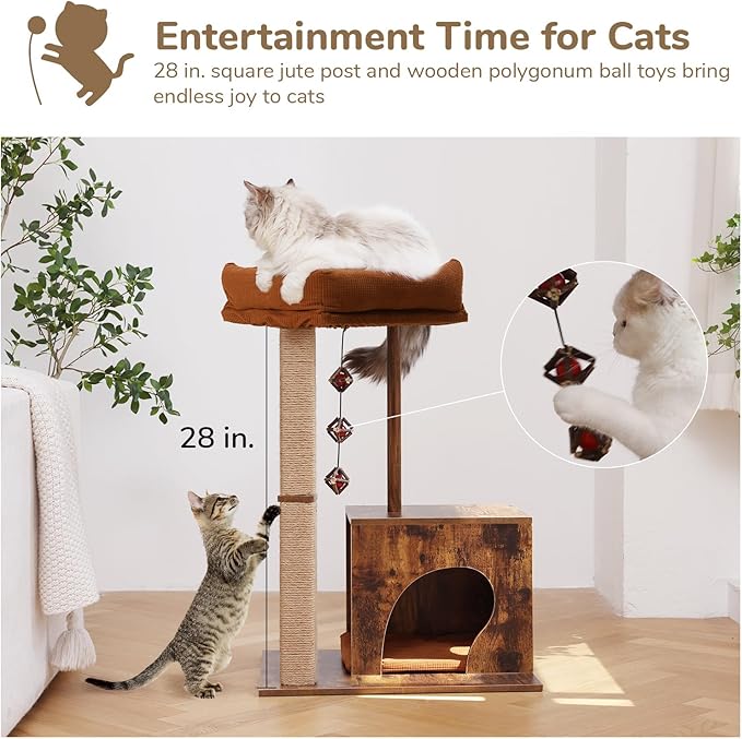 FUKUMARU Cat Scratching Post, Modern Style Cat Tree with Unique Square Post, Wooden Cat Tower with silvervine Balls, Retro Cat Brown Condo Scratcher for Indoor Cats(Solid Wood)