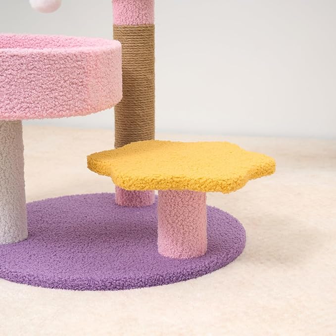 Small Cat Tree, Moon Star Cat Tree Built-in Scratching Post and Bed, 23.5 in Purple Pink Cute Kitten Tower Cozy Fluffy Kitten Condo for Indoor Activity