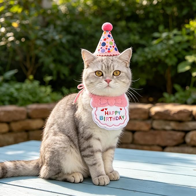 Pink Cat Birthday Hats for Cats with Number Bandana Pet Kitten Birthday Party Supplies Cats Decorations Outfits for Kittens Small Dogs
