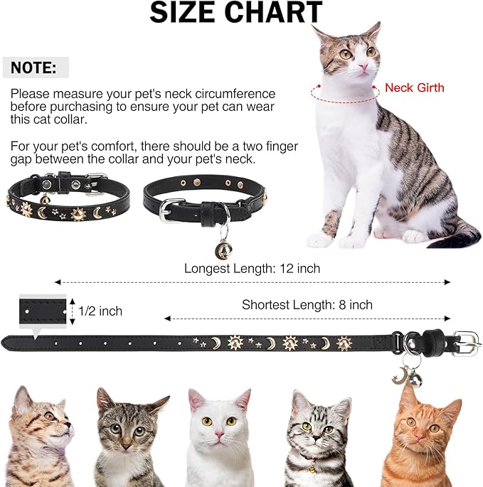 Leather Cat Collars for Boy Girl Cats with Bell and Safety Elastic Belt, Personalized Rivets Stud Adjustable Safe Buckle Collar with Moon Charm for Kitty Small Pets, Black 8"-12"