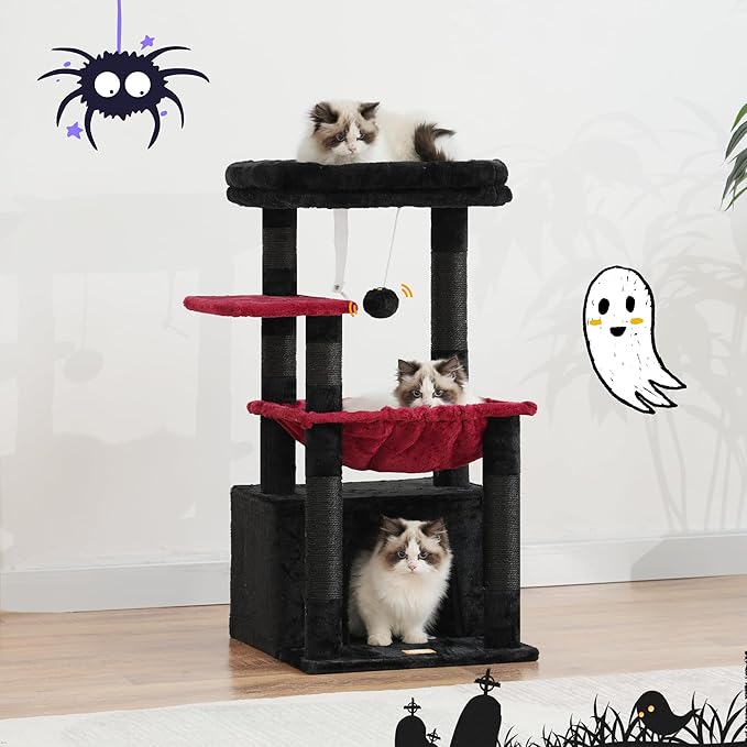 Heybly Cat Tree, Kitten Tower with Large Soft Cat Basket,Cat Condo with Spacious Cat Bed Cave with Hidden Space,Sisal-Covered Scratching Posts,Dangling Ball for Indoor Cats, Black and Red HCT008SBR