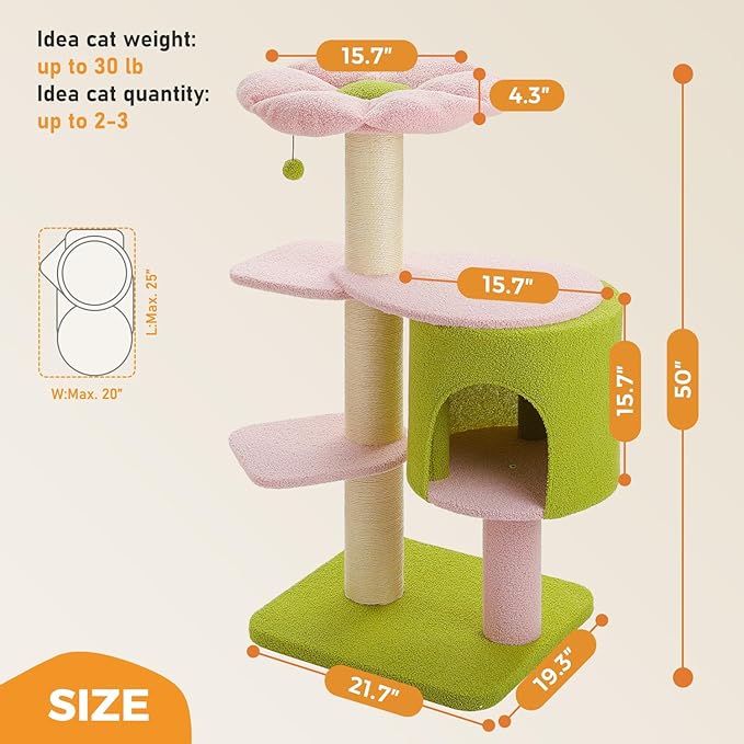 MUTTROS 50" Pink Flower Cat Tree for Large Heavy Cats, Maine Coon Cat Tower with Extra Thick Scratching Posts (φ4.3in), Spacious Cat Condo for Big Cats 20 lbs, Soft Top Bed-Green