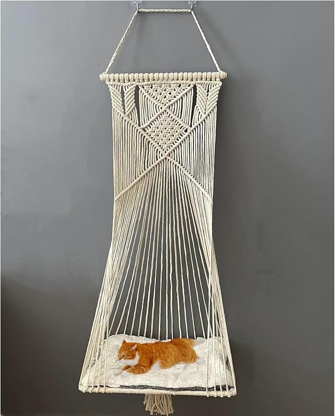 Macrame Hanging Cat Hammock Cat Swing Bed for Indoor Cats, Boho Cats Perch Bed for Sleeping, Playing, Climbing, and Lounging (Beige)