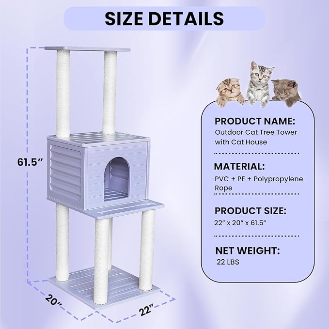 61.5” Indoor and Outdoor Cat Tree Tower, Cat House for Outdoor Cats, Weatherproof Large Cat Condo with Scratching Posts for Catio