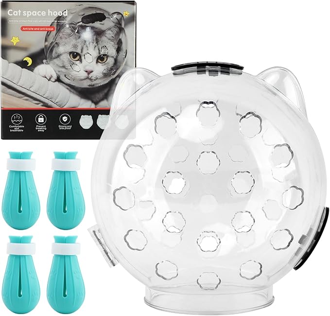 Cat Muzzle for Grooming, Transparent Cat Helmet with 4 Silicone Claw Covers, Adjustable Breathable Kitty Hood Anti Bite Bubble Astronaut Groomin Mask for Pet Bath Nail Trimming,L