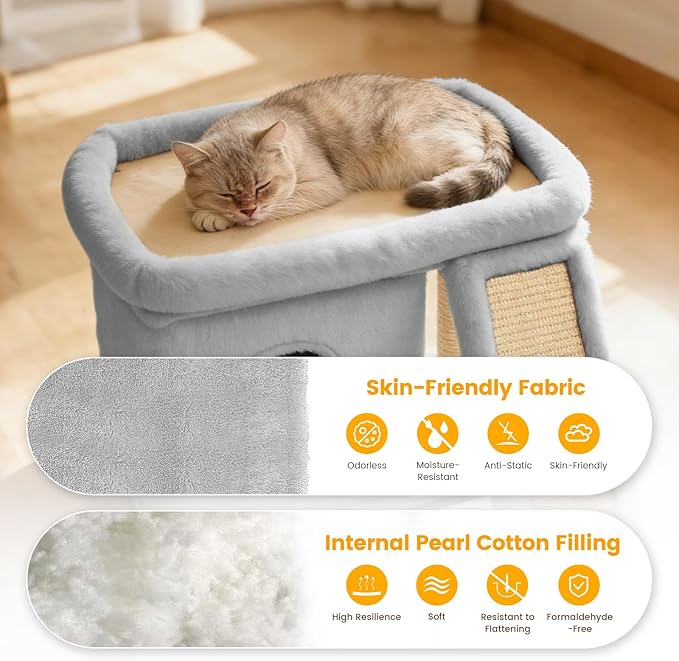 Cat Tree, Compact Cat Tree for Small Spaces, Heavy Duty Cat Tower for Large Cats,Small Cat Tower with Cat Scratching Post & Bed, Cat Condo Climbing Furniture for Indoor Cats (Light Grey)