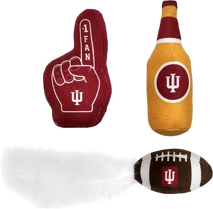 Best Plush CAT Toy NCAA Indiana Hoosiers Complete Set of 3 piece Cat Toys Filled with Fresh Catnip. Includes: 1 Helmet Cat Toy, 1 Football Cat Toy with Feathers & 1 Beer Bottle. Beautiful Team Logo