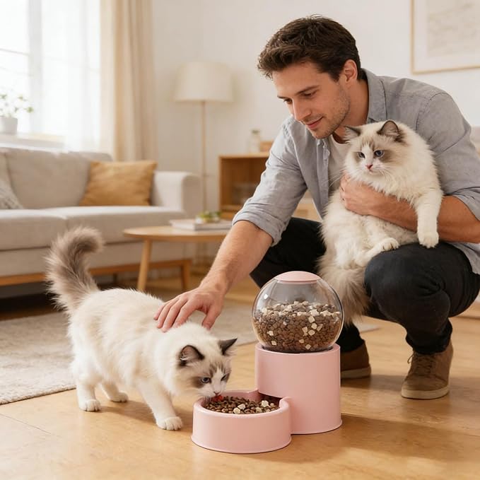 Automatic Cat Feeder, Water Dispenser Gravity Food Feeder and Water Set, Pack of 2, Cat Food Dispenser and Gravity Water Fountain for Cats Small Dogs Puppies Kittens Pets (Pink)