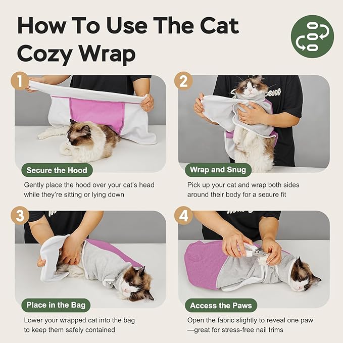 Cat Wrap for Cutting Nails, Self-Adhesive Cat Nail Clipping Restraint Bag, Anti-Scratch Cat Grooming Swaddle for Meds, SubQ Fluids, Ear Cleaning, Teeth Brushing & Vet Visits,Pinkish Purple,M