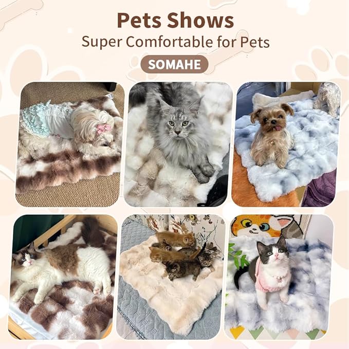 SOMAHE Cat Bed, Plush Faux Fur Kneading Flat Mat - Machine Washable Fluffy Pet Bed for Indoor Cats, Non-Slip Small Kitten Bed, Therapeutic Knead Cat Mat for Couch & Window Sill, 23"×15" Inch,Camel